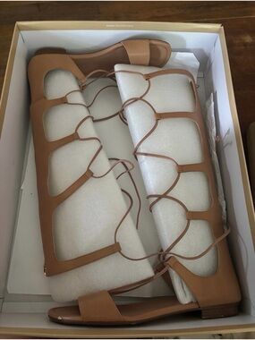 Gladiator Lace-Up Knee-High Sandals in Tan